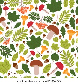 Autumn forest pattern vector seamless. Leaves, rowan berries, oaks acorns and mushrooms on white background. Fall colorful print for seasonal banner, wallpaper, wrapping paper or card template.