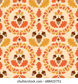 Autumn forest pattern vector seamless. Acorns and oaks leaves wreath background. Fall colorful print for seasonal banner, kids wallpaper, wrapping paper or thanksgiving card template.