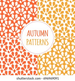 Autumn forest patterns set vector seamless. Acorns and oaks leaves silhouettes background. Fall colorful print for seasonal banner, kids wallpaper, wrapping paper or thanksgiving card template.