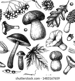 Autumn forest plants seamless pattern. Vector background with mushrooms, conifers, leaves, nuts, berries sketches. Vintage fall season design. Botanical illustrations. Thanksgiving day template.