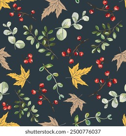 Herbst Wald rote Beeren, Ahornblätter, schwarzer Hintergrund. Blumige Illustration. Nahtloses Vektormuster. Botanisches Design. Herbst-Naturpflanzen