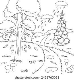 Autumn forest road graphic black white landscape sketch illustration vector 