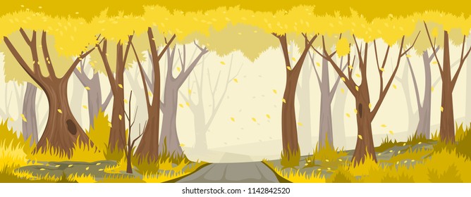 Autumn forest with road leading into the depths of the forest