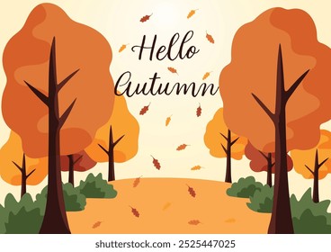 autumn forest scenary fall trees with falling leave and bush vector illustration forest background