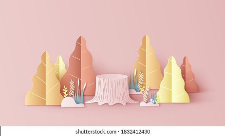 Autumn forest scene with stage podium Stump and blank space. Autumn season backdrop. paper cut and craft style. vector, illustration.