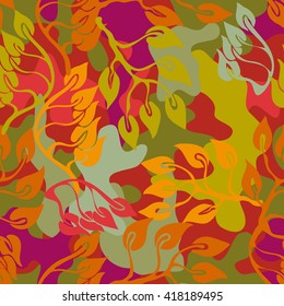 Autumn forest. Seamless camouflage vector pattern. Red and yellow.