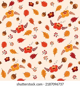 Autumn forest seamless pattern with acorns and oak leaves, falling leaves in orange and yellow, berries and floral, design for kids, fabric, t-shirt print, cute vactor.