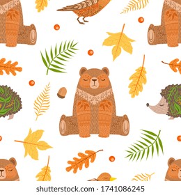 Autumn Forest Seamless Pattern, Colorful Fall Leaves and Wild Woodland Bear Anima Cartoon Vector Illustration