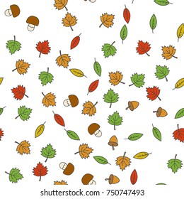 Autumn forest seamless pattern. Colorful tree leaves, mushrooms and acorns flat vector on white background. Autumn defoliation and harvest concept illustration for wrapping paper, print on fabric