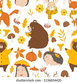 Autumn forest seamless pattern with cute animals. Vector floral pattern in doodle style with flowers, moshrooms and leaves on white background. 