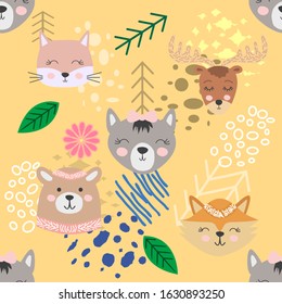 Autumn forest seamless pattern with cute animals.