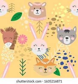 Autumn forest seamless pattern with cute animals.