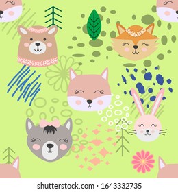Autumn forest seamless pattern with cute animals.