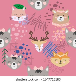 Autumn forest seamless pattern with cute animals.