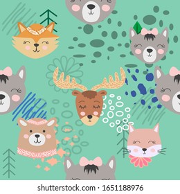 Autumn forest seamless pattern with cute animals.