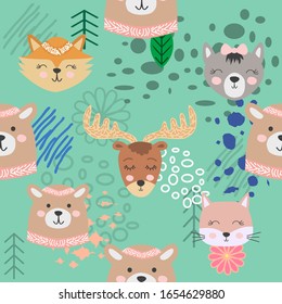 Autumn forest seamless pattern with cute animals.