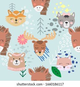 Autumn forest seamless pattern with cute animals.