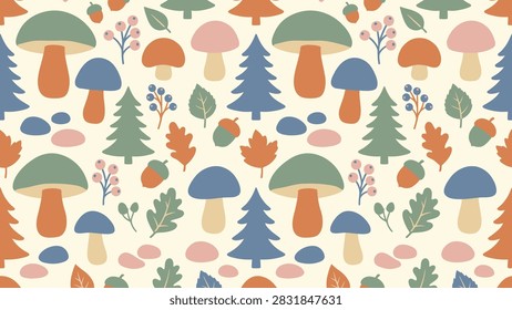 Autumn forest seamless pattern with cute mushrooms, pine trees, acorns, and colorful fallen leaves on a light background.