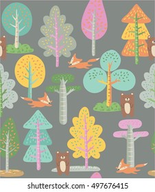 Autumn forest seamless pattern with cute animals