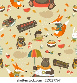 Autumn forest seamless pattern with cute animals