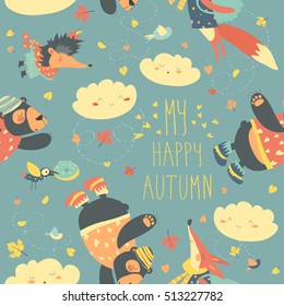 Autumn forest seamless pattern with cute animals