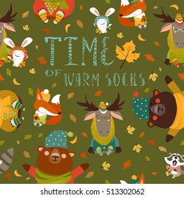 Autumn forest seamless pattern with cute animals