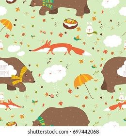 Autumn forest seamless pattern with cute animals