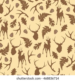 Autumn forest seamless pattern with deer silhouette. Vector illustration eps8