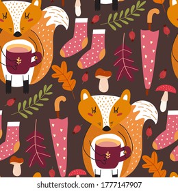 Autumn Forest Seamless Pattern With Fox. Modern Fall Seasonal Decor. Floral Design For Wrapping Paper, Fabrics, Covers And Cards. Vector Cartoon Illustration.