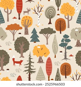 Patrón de bosque de otoño sin fisuras con árboles y animales divertidos. Fondo dibujado a mano para la tela de los niños, envoltura, textil, Fondo de pantalla, ropa. Ilustración vectorial.