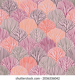 Patrón sin costuras del bosque otoñal, gran diseño para ropa de mujer. Naturaleza del bosque otoñal de naranjas. Colores brillantes de ramas otoñales. Ilustración vectorial plana.