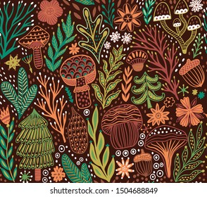 Autumn forest seamless pattern, Forest hand drawn vector texture. Branches, leaves, mushrooms, spruce, tree, fur-tree, acorn seamless texture. Folk wild nature background. Woodland childish 