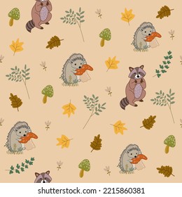 patrón de bosque de otoño sin costuras con hedgehog, racoon y hongos dibujados a mano libre vectorial.