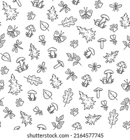 El bosque de otoño es un patrón sin fisuras con hongos y elementos vegetales en forma de doodle. Textura para tela, envoltura, textil, papel pintado, prendas de vestir. Impresión natural continua en esbozo. Ilustración vectorial de línea