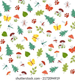 Autumn forest seamless pattern with mushrooms and plant elements. Texture for fabric, wrapping, textile, wallpaper, apparel. Continuous nature print. Flat isolated vector illustration