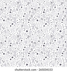 Autumn forest seamless pattern with mushrooms, sticks, acorns and other nature treasures