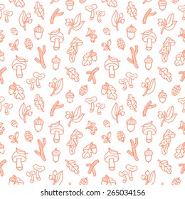 Autumn forest seamless pattern with mushrooms, sticks, acorns and other nature treasures 