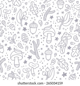 Autumn forest seamless pattern with mushrooms, sticks, acorns and other nature treasures