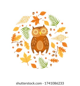 Autumn Forest Seamless Pattern of Round Shape, Colorful Fall Leaves and Cute Owl Bird Cartoon Vector Illustration