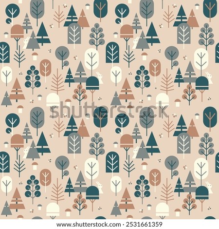 Autumn forest seamless pattern. Simple Scandinavian style collage. Flat vector cartoon illustration. 