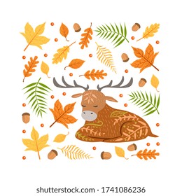 Autumn Forest Seamless Pattern of Square Shape, Colorful Fall Leaves and Woodland Moose Animal Cartoon Vector Illustration