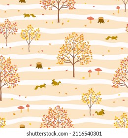 Autumn forest seamless pattern with squirrels in cartoon style,for decorative,kid product,fabric,textile,wallpaper and all print,vector illustration