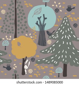 autumn forest seamless pattern, with trees, rabbit, mushrooms and birds