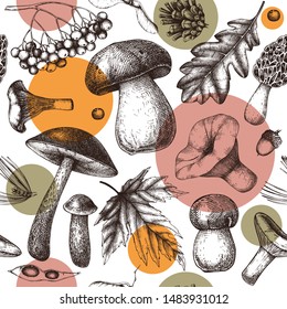 Autumn forest seamless pattern. Vector background with mushrooms, conifers, leaves, berries sketches. Vintage fall season design. Trendy collage elements