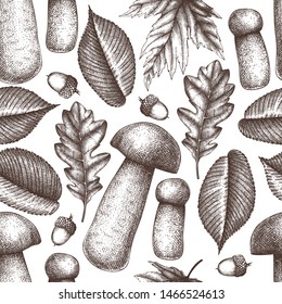 Autumn forest seamless pattern. Vintage background with red-cap bolete - Aspen mushroom and hand drawn leaves. Perfect for banner, wrapping paper, packaging, cards. Botanical design. Engraved style.