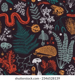 Autumn forest seamless pattern. Woodland animals, ferns, mushrooms, fall leaves, autumn plant sketch. Botanical repeating texture. Hand drawn vector illustration