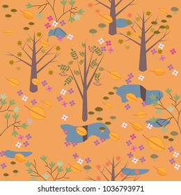 autumn forest seamless vector pattern with trees, mushrooms, puddles and flowers