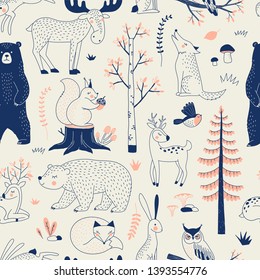 Autumn Forest Seamless Vector Pattern. Woody Landscape With Bear Deer Hare Wolf Moose Fox Owl Squirrel Creatures Repeatable Background. Woodland Childish Print In Scandinavian Decorative Style. Cute