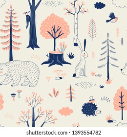 Autumn Forest seamless vector pattern. Woody landscape with Hedgehog Bear Hare creatures repeatable background. Woodland childish print in Scandinavian decorative style. Cute forest animal backdrop.