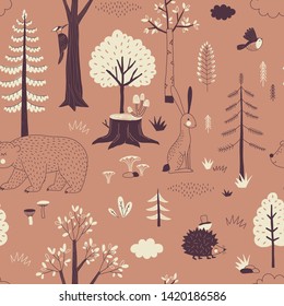 Autumn Forest seamless vector pattern. Woody landscape with Hedgehog Bear Hare creatures repeatable background. Woodland childish print in Scandinavian decorative style. Cute forest animal backdrop.